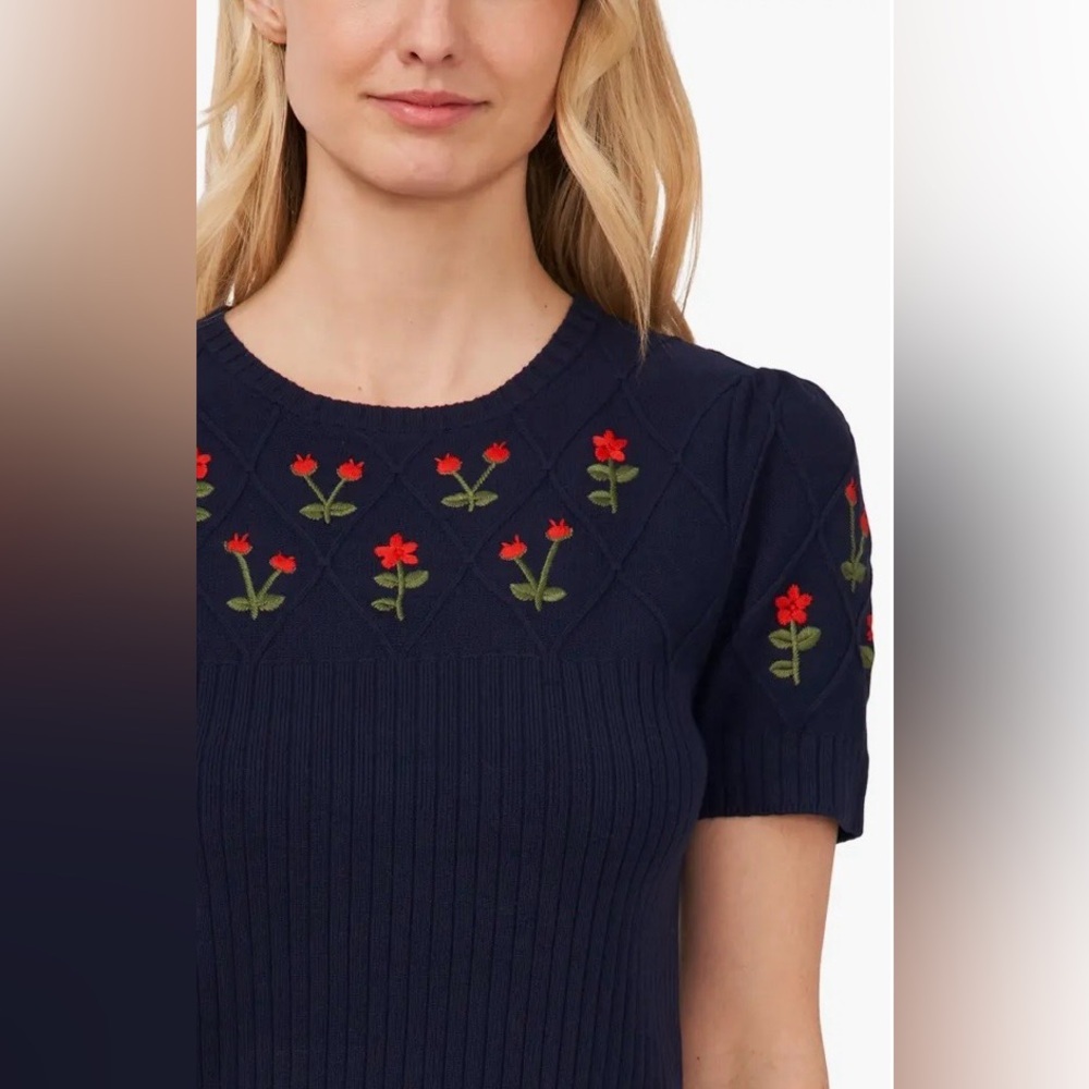 CeCe Cotton Embroidered Short Sleeve Sweater - Size Medium - Picture 3 of 8